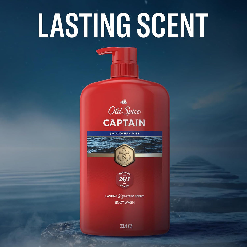Old Spice Refreshing Body Wash For Men, 3X Defense, 24/7 Shower Fresh With Long Lasting Scent, Red Collection, Captain With Bergamot Scent, 33.4 Oz