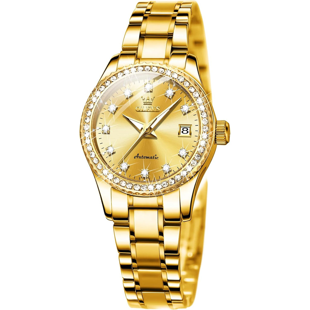 Olevs Womens Automatic Watch Gold Luxury Diamond Self Winding Ladies Wrist Watches Waterproof Luminous Date