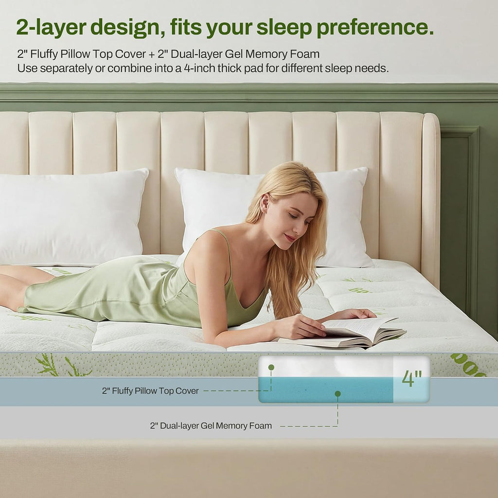Queen Memory Foam Mattress Topper, 4 Inch Dual Layer Gel Foam Mattress Pad With Soft Pillow Top Cover, Viscose Made From Bamboo, Overfilled, Deep Pocket 8"-18"