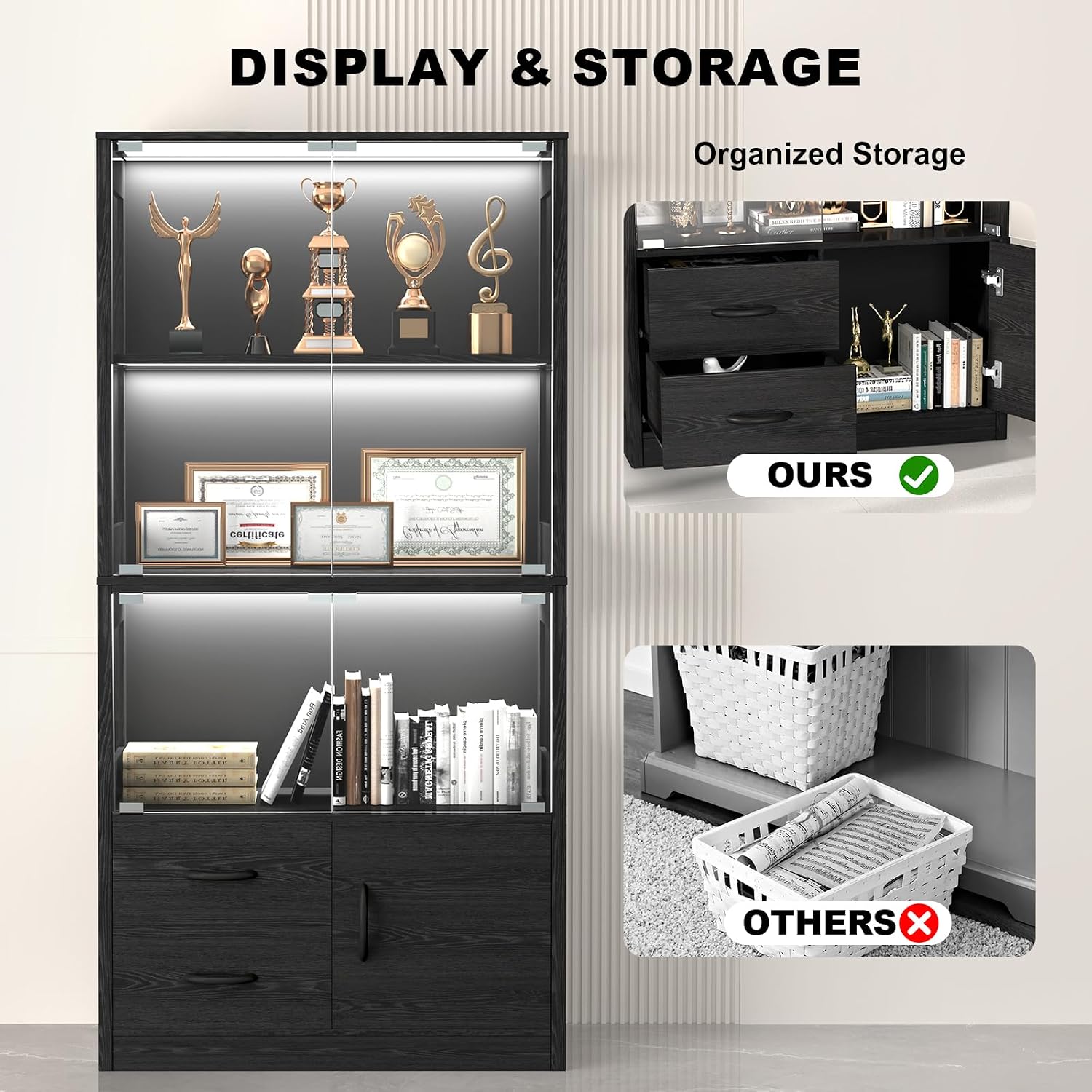 Display Cabinet With Glass Doors And 2 Drawers, 3-Color Lights, Black Oak | 63" Tall Curio Cabinet, 4-Tier Display Case, Human Body Sensor, 3 Shelves & Storage Cabinet, For Collectibles, Living Room