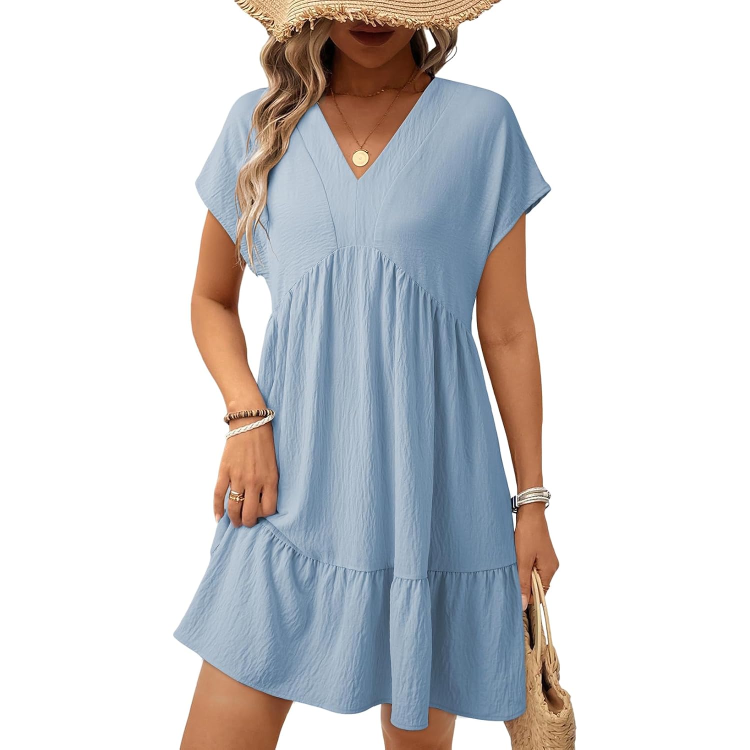 Acelitt Women'S Summer Dresses 2026 Beach Casual Deep V Neck Loose Sundress Short Sleeve Mini Dress With Pockets(Size Down)