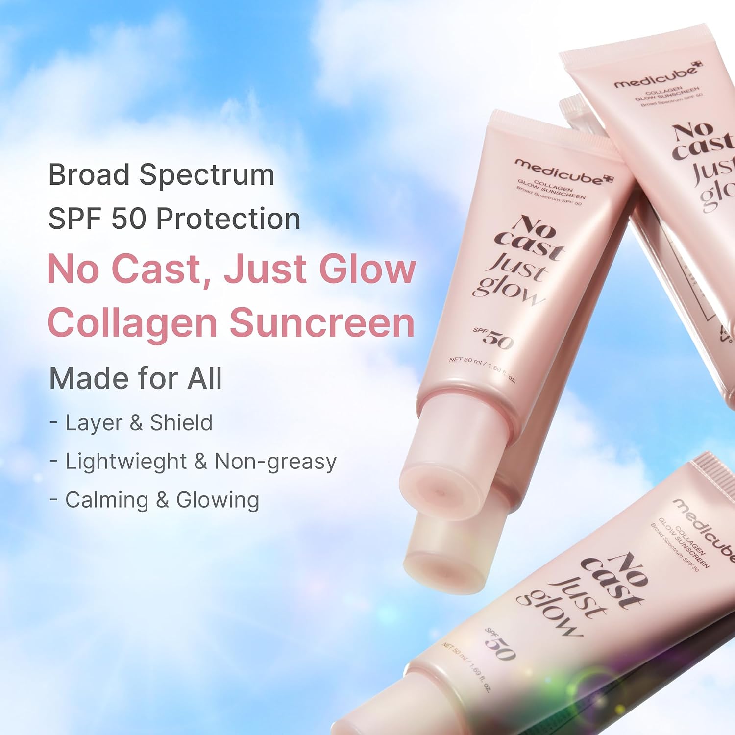Medicube Sunscreen No Cast Just Glow Collagen | Spf 50 Broad Spectrum Face Sunscreen | Lightweight, Non-Sticky, Hydrating Formula | Peptide, Cica For Soothing & Glow | Korean Skincare
