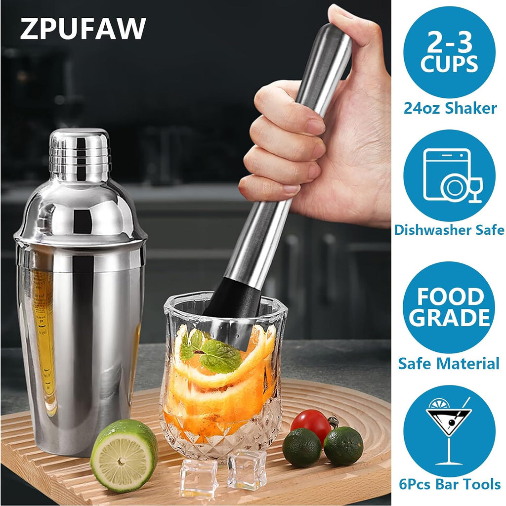 Zpufaw 6-Piece Cocktail Shaker Set 24Oz Shaker Strainer Muddler Jigger Mixing Spoon Pour Spout Bartender Kit Stainless Steel Bar Set Housewarming Gift