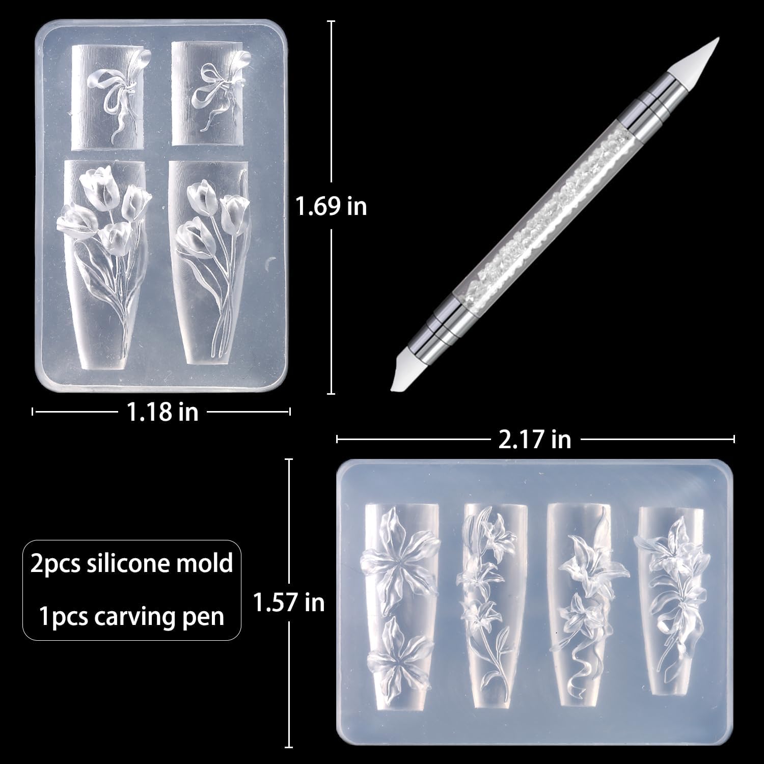 Silicone Nail Art Molds, 2PCS Reusable Clear 3D Flowers Nail Charm Molds with Carving Pen Tulip Bouquet Lily Hibiscus Flower Nail Design Manicure Template DIY Charms Resin Craft Accessories