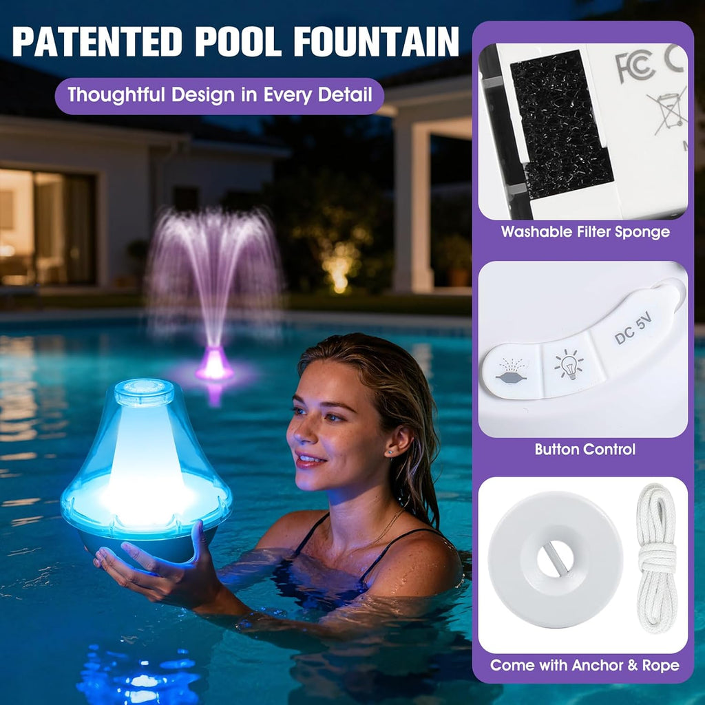 2026 Pool Fountain With Remote,Rechargeable Floating Pool Fountains With 10 Light Show,Pool Water Fountain Pump With Anchor,3 Spray Modes Swimming Pool Fountains For Inground Above Ground Pool