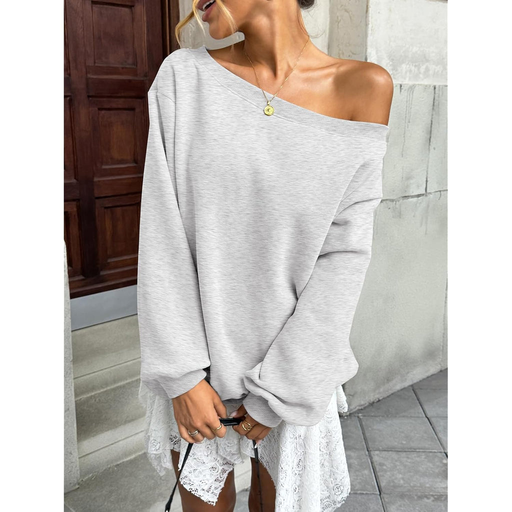 Womens Fleece Lined Sweatshirt Off Shoulder Long Sleeve Pullover Top Oversized Shirt Basic Slouchy Clothes 2026