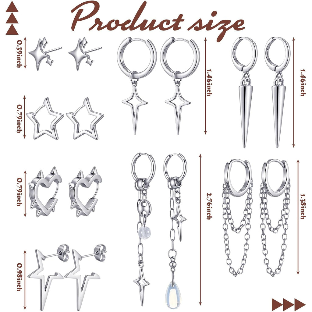 Quelay 8 Pairs Dangle Hoop Earrings for Men Women Punk Y2k Goth Gothic Tassel Chain Drop Star Moon Stud Huggie Earrings Gift