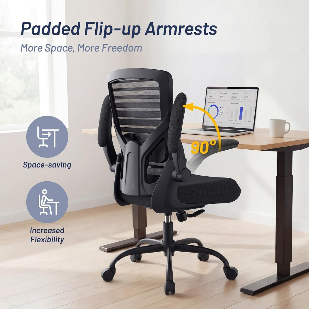 Office Desk Chair For Long Hours & Lower Back Pain Relief – 4“ Thick Molded Foam Cushion, Enhanced Lumbar Support, Padded Flip-Up Armrests, Ideal For Office Or Study, Black