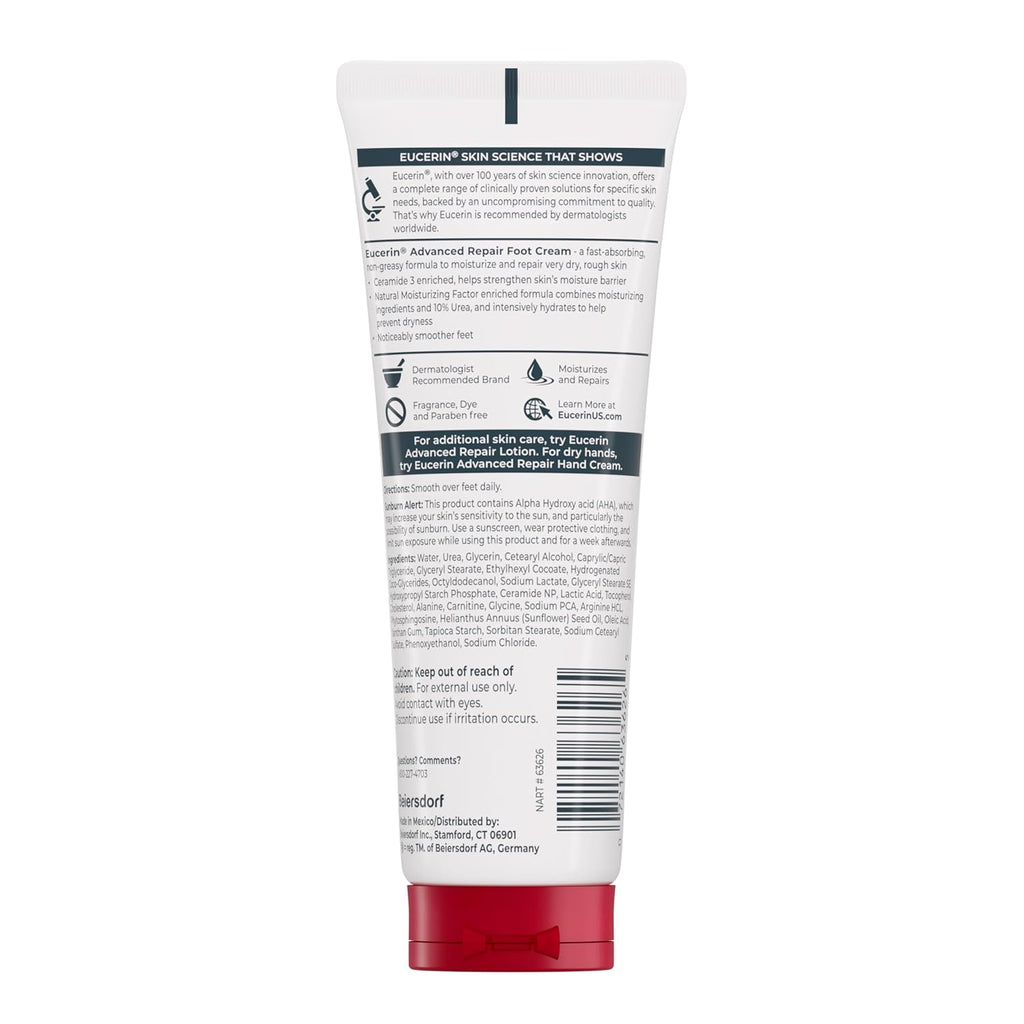Eucerin Advanced Repair Foot Cream for Dry Feet and Heels, Repairs Very Dry, Rough Skin, Fragrance Free, Non Greasy, Fast Absorbing, Travel Size Lotion, 3 Oz Tube, Pack of 3