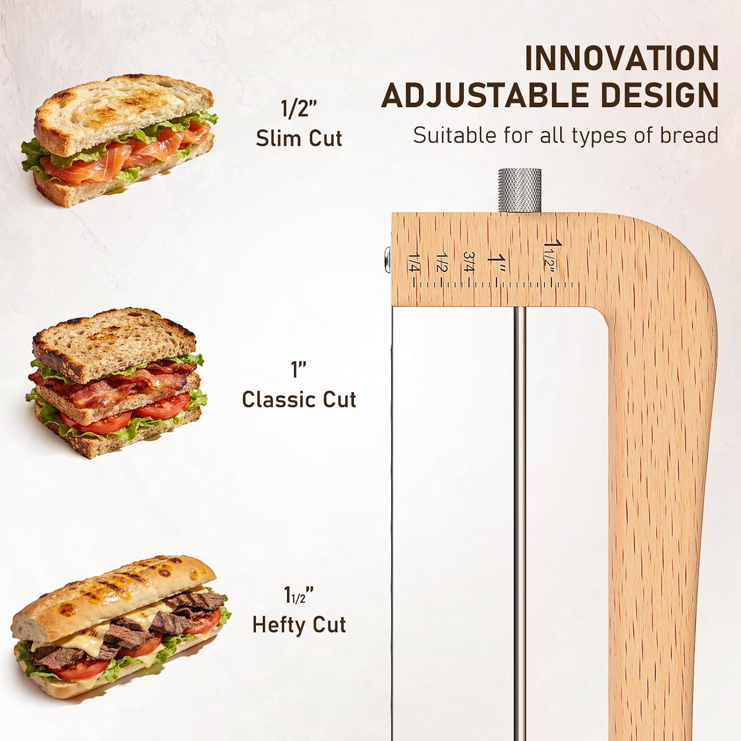 Adjustable Bread Knife For Home Use, Wooden Sourdough Bread Slicer For Homemade Bread With Bow Design, Premium Stainless Serrated Bread Cutter For Bagels And Baguettes-Natural