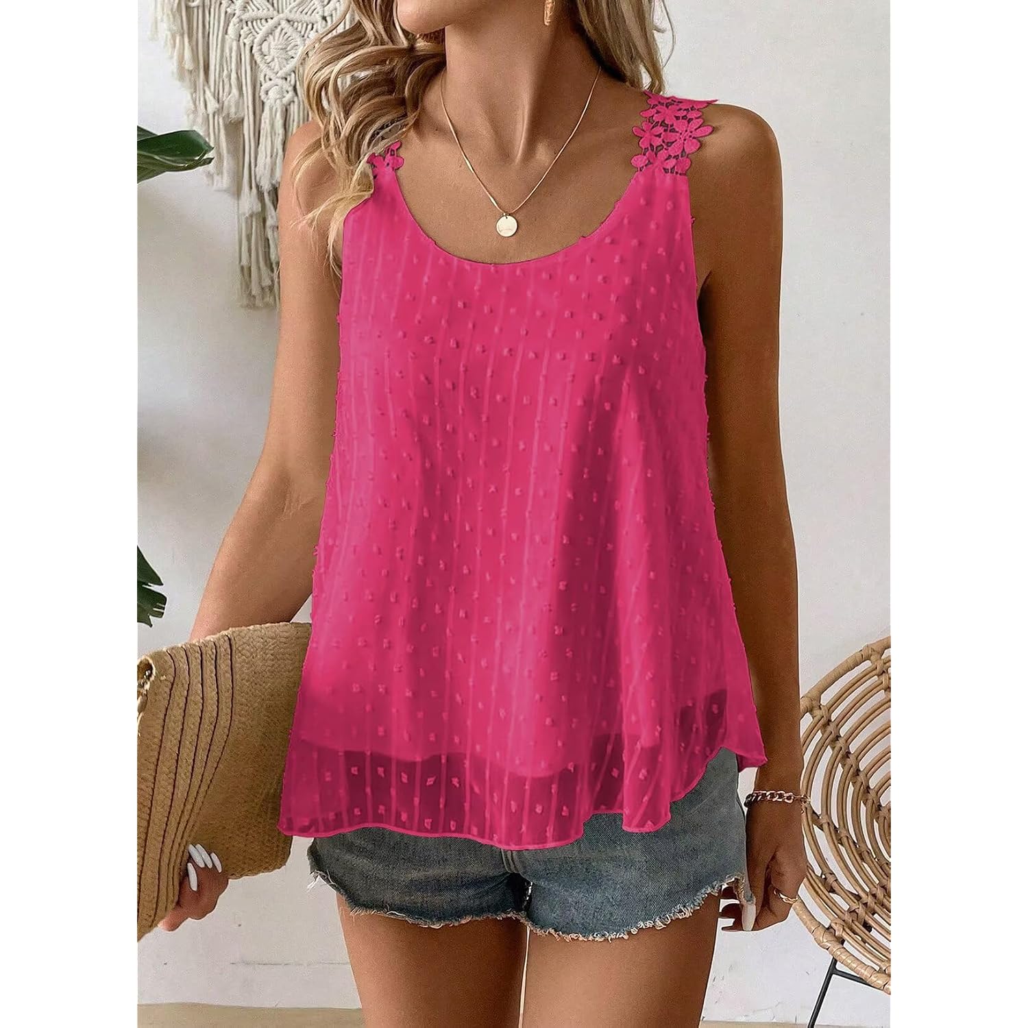 Womens Tank Tops Flowy Sleeveless Summer Boho Tank Top for Women Casual Crewneck Strap Lace Camisole Shirts