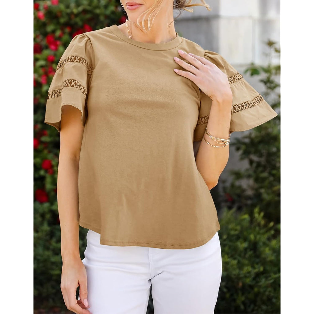 Tankaneo Womens Eyelet Short Sleeve Tops Trendy Casual Loose Fit Tunics Crewneck Summer T Shirts