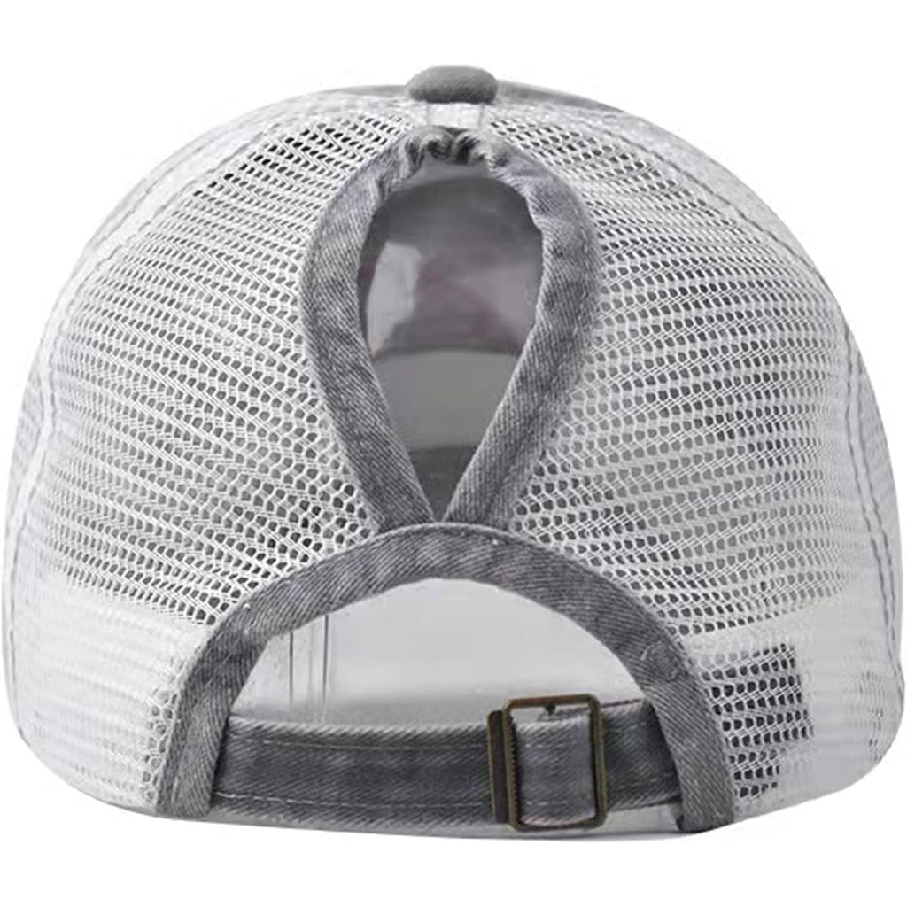 Woman Man Ponytail Baseball Cap - US Flag Breathable Mesh Outdoor Golf Sun Hat for Summer Gray