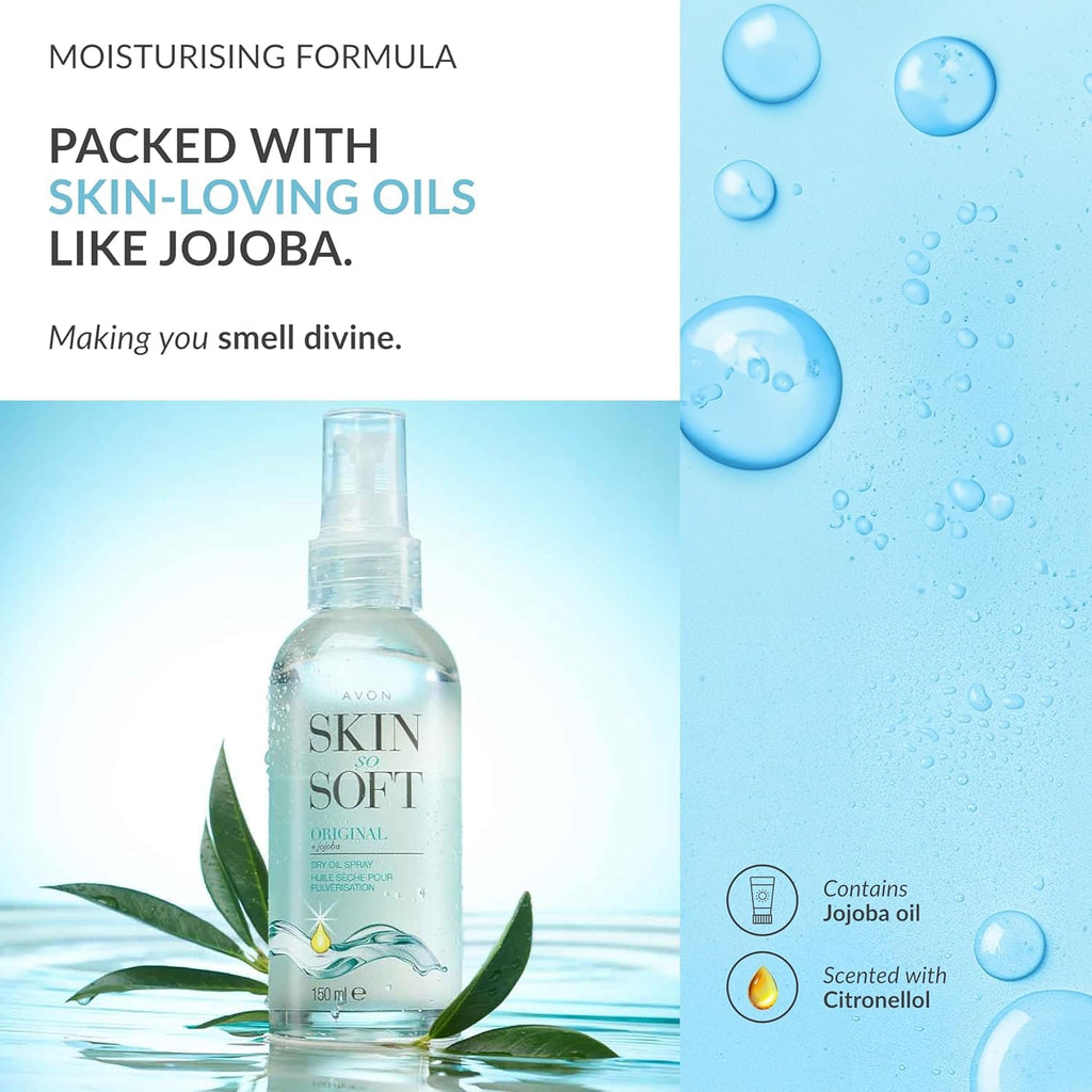 Avon Skin So Soft Original Jojoba Dry Oil Spray (5 Fl. Oz) Each – Travel-Friendly Luxury Lightweight Body & Hair Oil Mist – Fast-Absorbing, Non-Greasy, Silky Smooth Finish 150Ml (2-Pack)