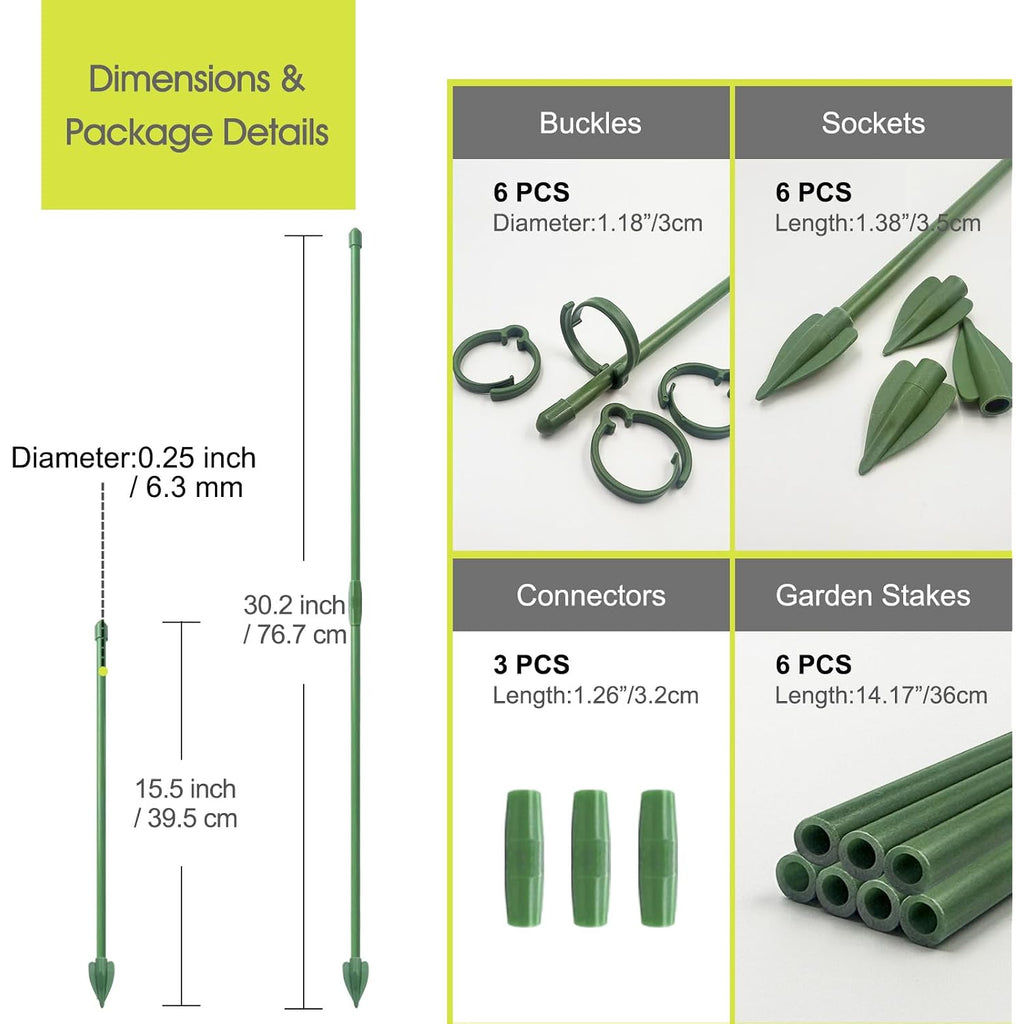 Rifny Plant Stakes For Indoor Plants, 14 Inch Plant Support Stakes With Clips, Tall Adjustable Plant Sticks For Indoor Monstera Tomato Orchid Potted Plants Flower (6 Pcs, Green)