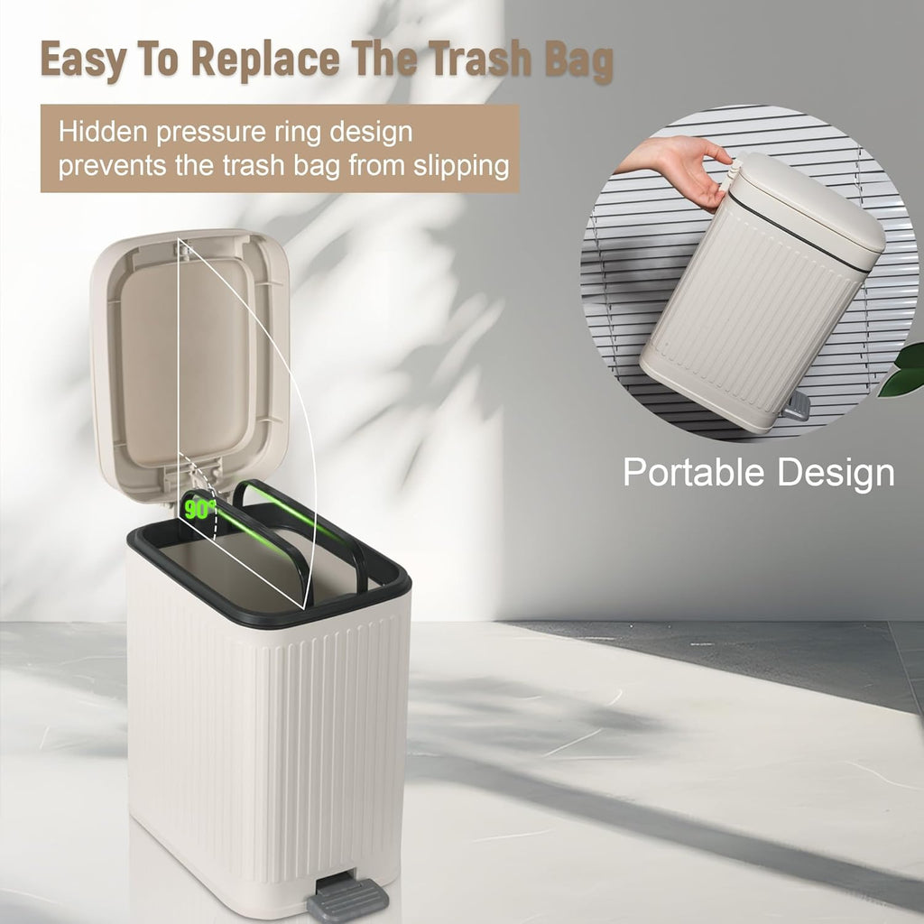 Small Bathroom Trash Can With Lid Slim Soft Close Garbage Can Step Wastebasket Container Trash Bin For Office Bedroom Kitchen Living Room (1.9 Gallon Cream)