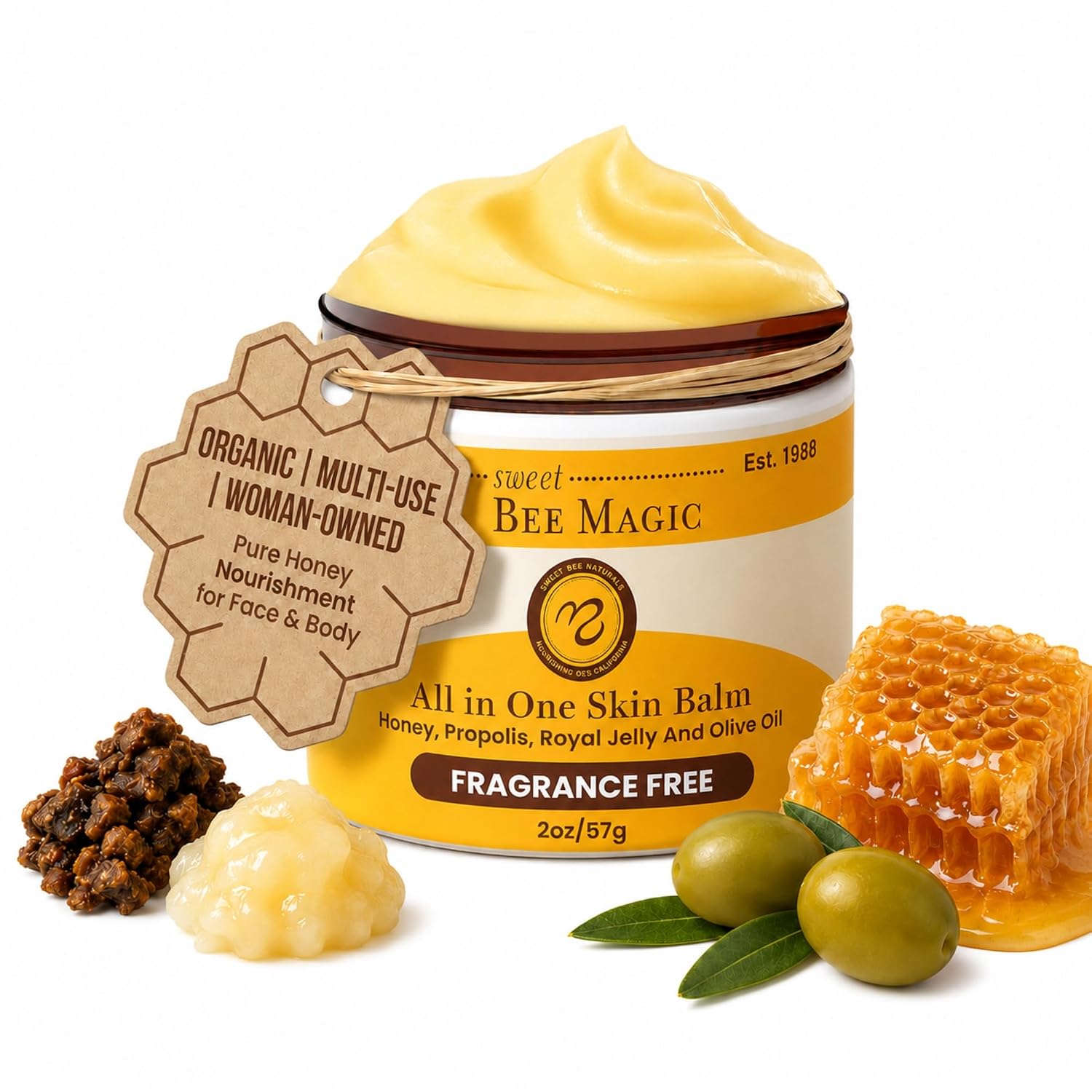 Sweet Bee Magic Organic Honey Bee Balm For Face, Skin & Body - All In One Honey Balm - Beeswax Body Moisturizer - All Natural Aid - 1 Jar (2Oz)