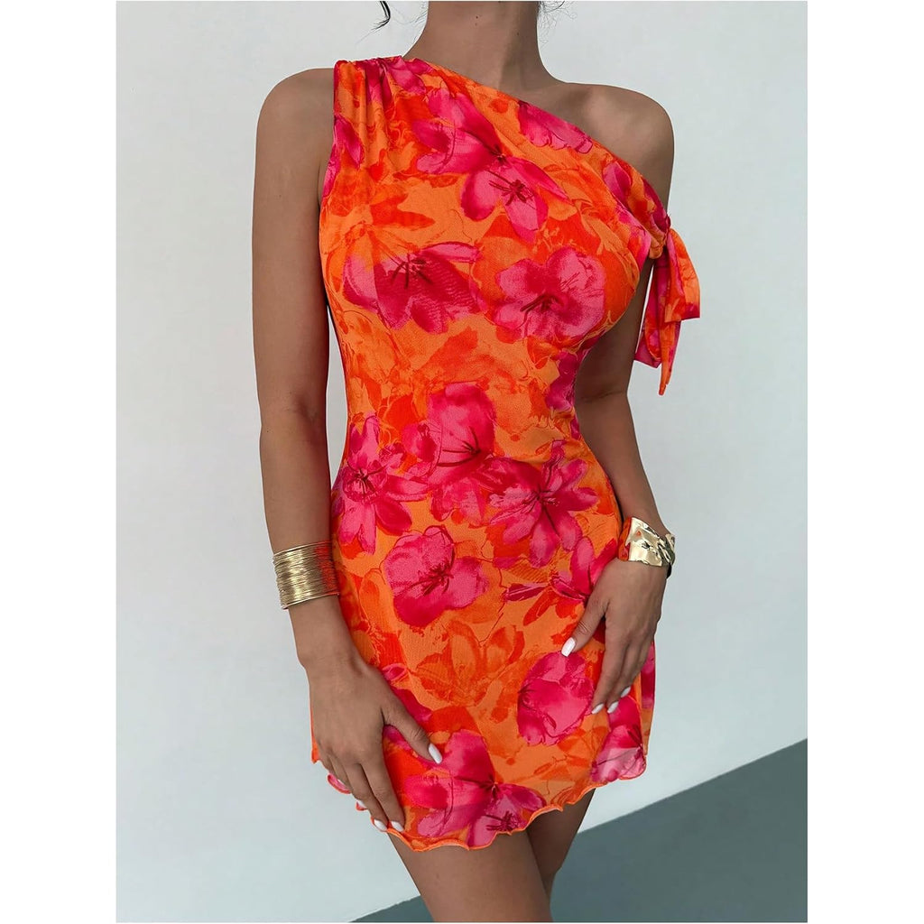 Gorglitter Women'S Asymmetrical Hem Bodycon Mini Dress Tie One Shoulder Floral Sleeveless Wedding Guest Pencil Short Dresses