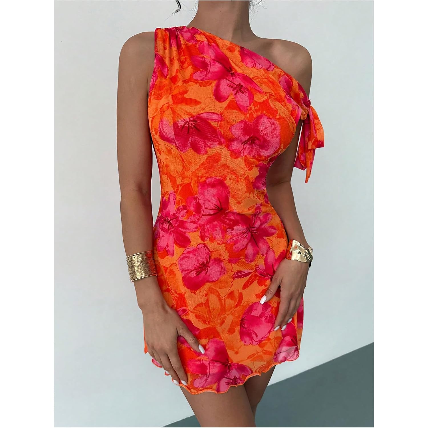 Gorglitter Women'S Asymmetrical Hem Bodycon Mini Dress Tie One Shoulder Floral Sleeveless Wedding Guest Pencil Short Dresses