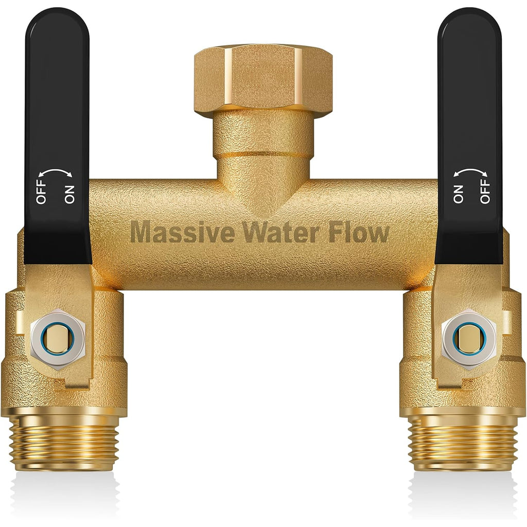 Hose Splitter 2 Way Heavy Duty, Full Flow Garden Hose Splitter With 2 Long Metal Handles, Brass Rust And Freeze Resistant Water Hose Bib Splitter, T Adapter Connector With 3/4 - Inch Ght Thread（Black）