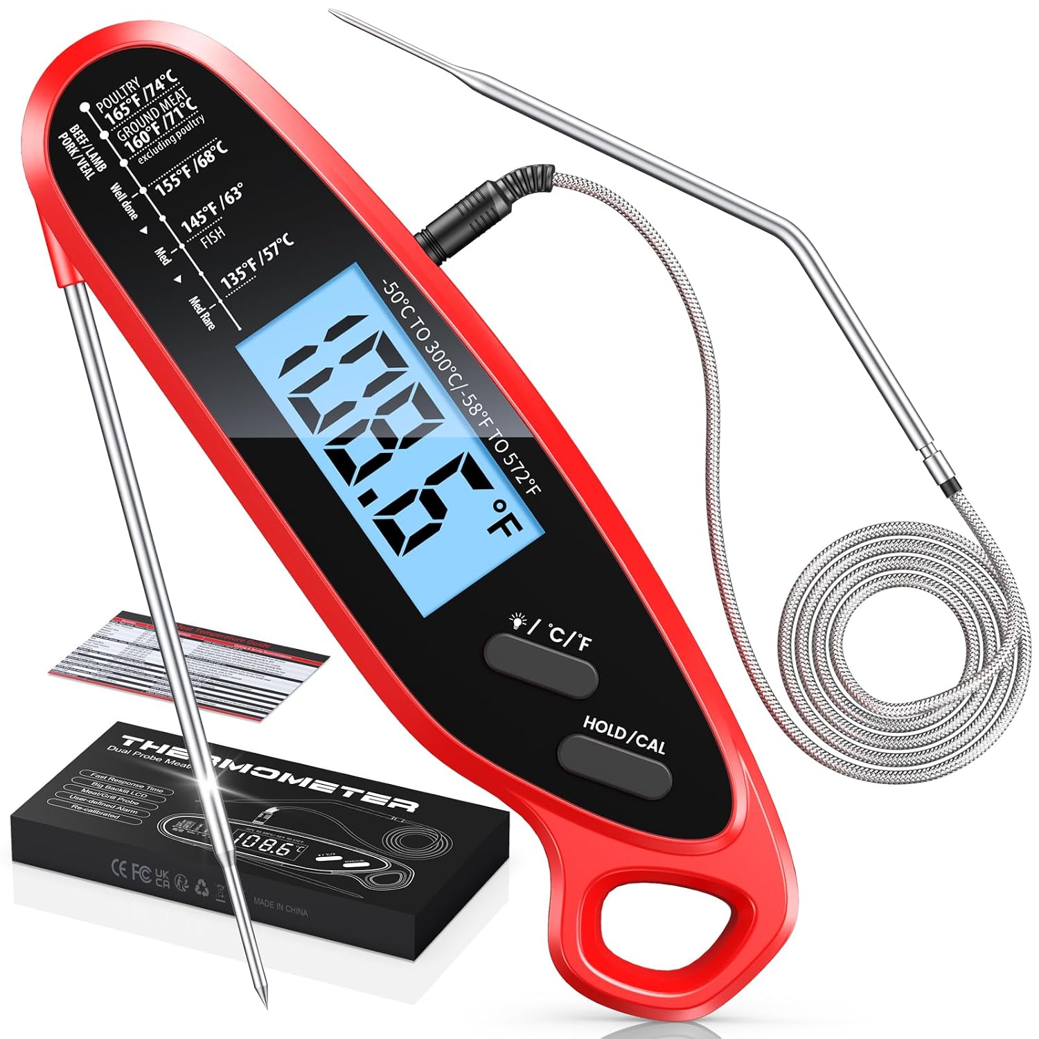 Instant Read Meat Thermometer Digital With Dual Probe, Food Thermometer For Cooking & Grilling, Large Backlit & Calibration, For Kitchen/Oven/Grill/Smoker/Bbq/Candy/Oil Fry, Gifts For Men & Dad