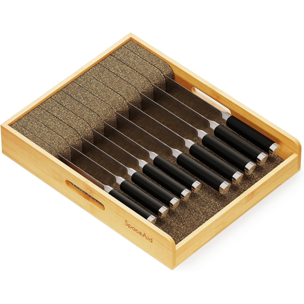 Spaceaid Large Knife Drawer Organizer Bamboo Insert Dock, Kitchen Steak Knives Holder Organizers Block For Drawer In Storage Organization (Large)