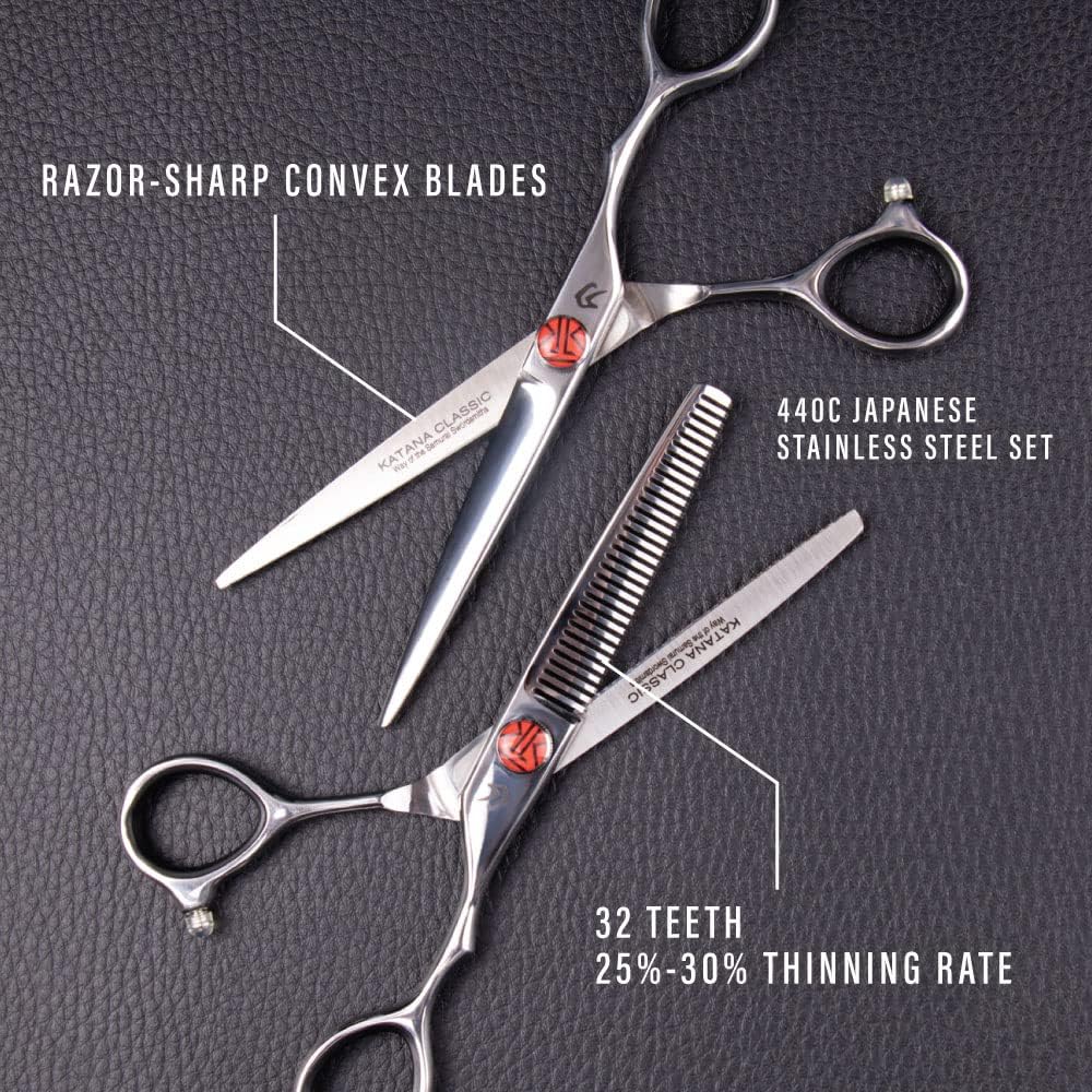 Katana Classic Professional 6.5" Shear Set By Tokko Shears, Premium 440C Japanese Steel Regular And Thinning Scissors For Barbers And Salon Professionals