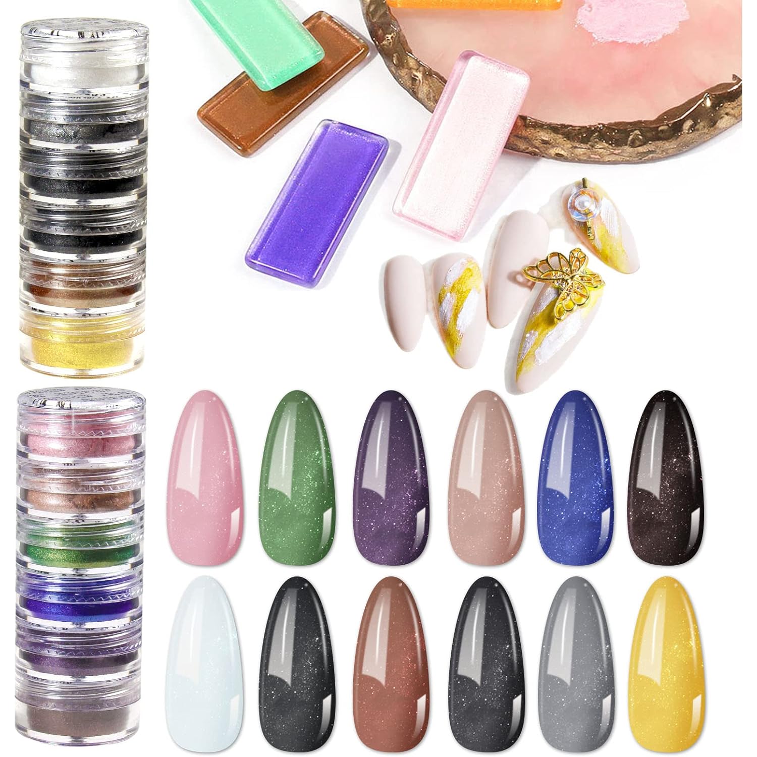 DAGEDA 24 Color Pigment Nail Powder, Colorful Iridescent Glitter Ultrafine Luminous Pearlescent High-Gloss Halo Powder, Nails Pigments Dust 3D DIY Nail Art Decoration（Color B ）