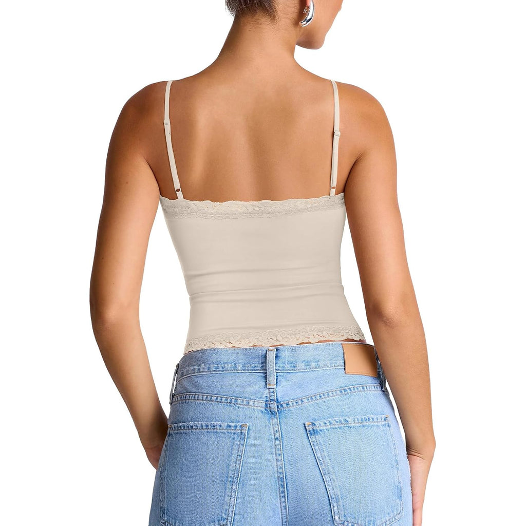 PINKMSTYLE Women's Sexy Square Neck Lace Cami Tank Tops Fitted Double Lined Sleeveless Crop Spaghetti Strap Summer Y2k Tops