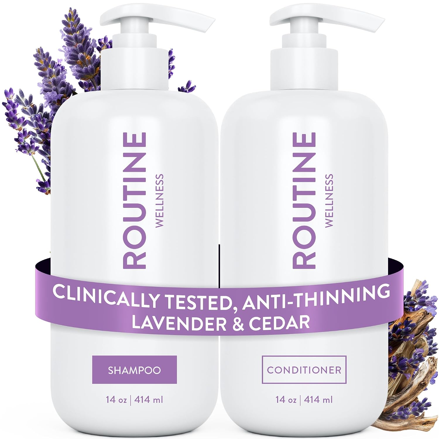 Routine Wellness Anti-Thinning Shampoo And Conditioner Set For Thinning Hair - Biotin Dht Blocker Women & Men - Color Safe Shampoo For Hair Loss & Healthier Hair - Lavender & Cedar Set