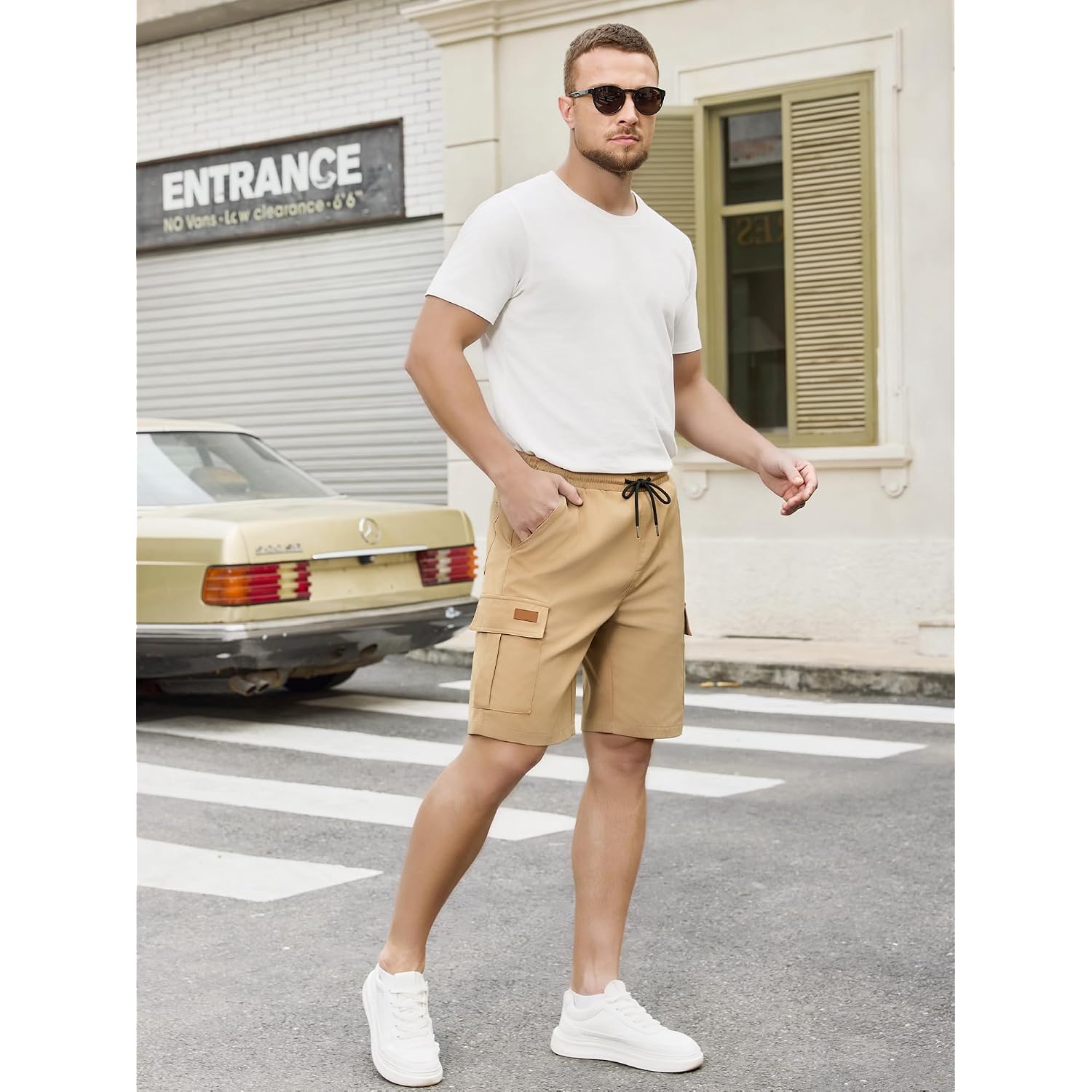 Plepan Men'S Casual Cargo Shorts Classic Stretch Waist Drawstring Outdoor Work Shorts With 6 Pockets
