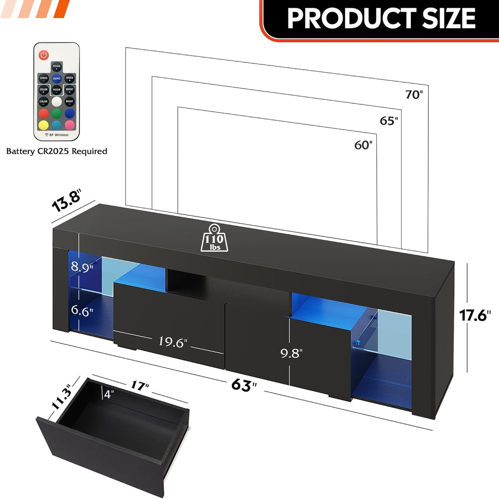 Wlive 63 Inch Tv Stand For 55/65/70 Inch Tvs, Modern Entertainment Center With 20 Led Lights & 2 Large Storage Drawers, Media Console Table, Gaming Television Stands For Living Room, Bedroom, Black
