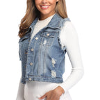 Miss Moly Women'S Ripped Denim Vest Cropped Distressed Classic Sleeveless Jean Vest Jackets With Flap Pockets