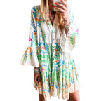 Miduo Womens Summer Dress Casual V Neck Buttoned 3/4 Sleeve Bohemian Tribal Print Flowy Mini Dresses