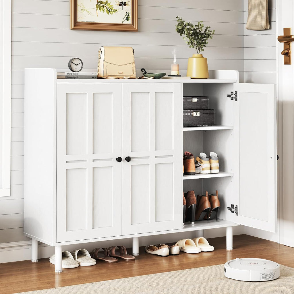 Shoe Cabinet With 3 Doors And Adjustable Shelves, 30 Pairs Shoe Storage Cabinet, 40 Inch Tall Farmhouse Shoe Rack Shoe Organizer Cabinet For Entryway Living Room Closet, White