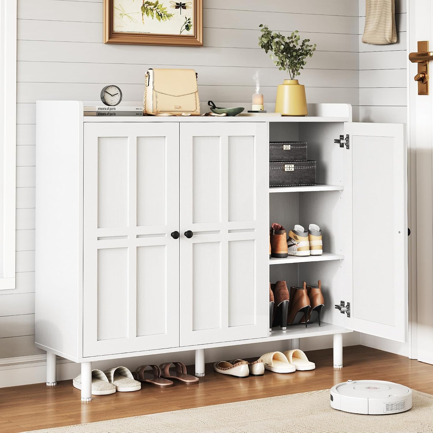Shoe Cabinet With 3 Doors And Adjustable Shelves, 30 Pairs Shoe Storage Cabinet, 40 Inch Tall Farmhouse Shoe Rack Shoe Organizer Cabinet For Entryway Living Room Closet, White