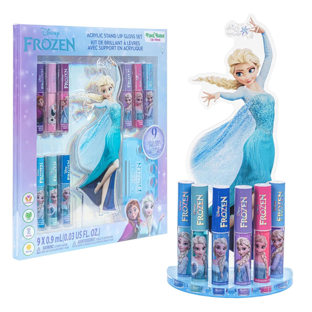 Townley Girl Disney Frozen Elsa Lip Gloss with Acrylic Stand for Storage and Display, Plant Based Lip Gloss, Perfect for Parties, Sleepovers, Makeovers, Birthday Gift for Girls, Age 3