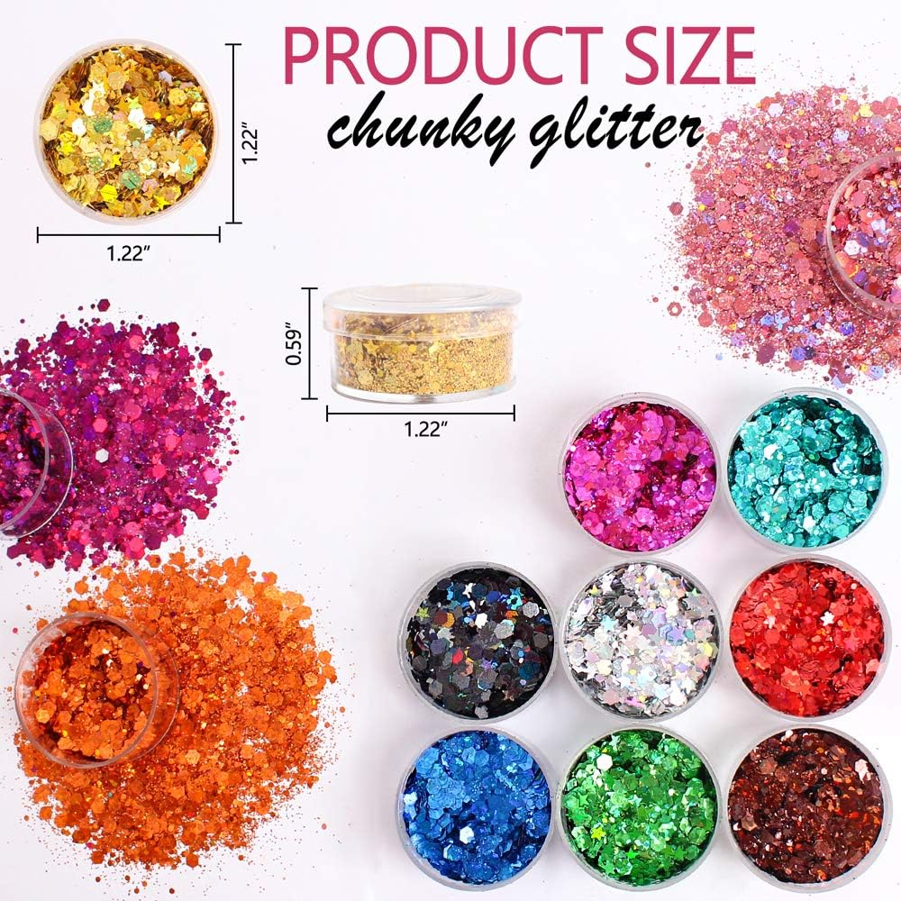 Holographic Chunky Glitter Sequins, 12 Colors Mixed Cosmetic Glitter For Face Body Eye Hair Nail Art Lip Gloss Makeup, Festival Glitter With Different Hexagons Size And Stars (Laser Mix)