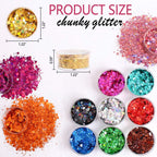 Holographic Chunky Glitter Sequins, 12 Colors Mixed Cosmetic Glitter For Face Body Eye Hair Nail Art Lip Gloss Makeup, Festival Glitter With Different Hexagons Size And Stars (Laser Mix)