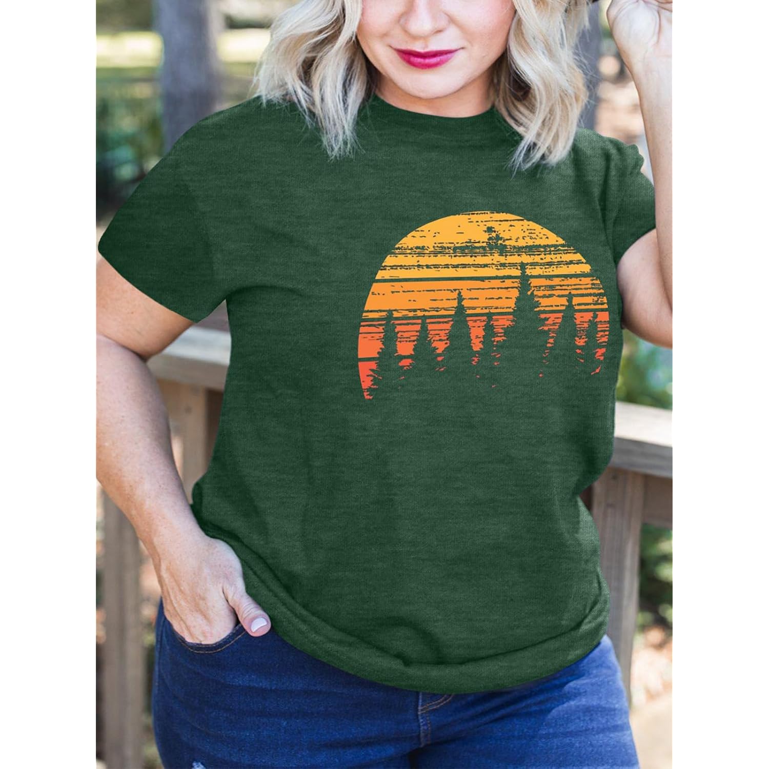 Plus Size Tops for Women Cute Vintage Graphic Tee Sunrise Camping Funny Print Casual Nature Travel Shirt Green4