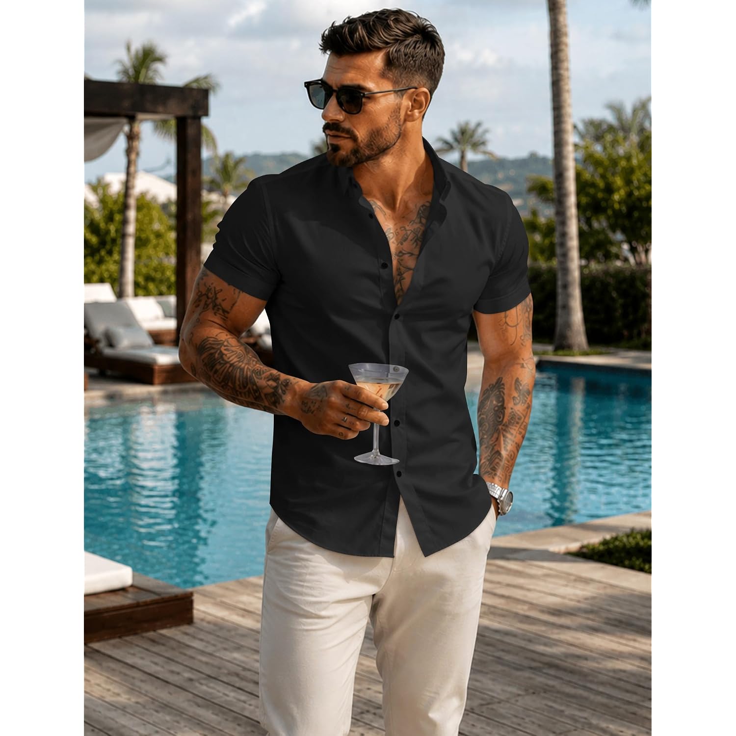 Jmierr Men'S Muscle Fit High Stretch Wrinkle-Free Button Down Dress Shirts Summer Casual Short Sleeve Shirt