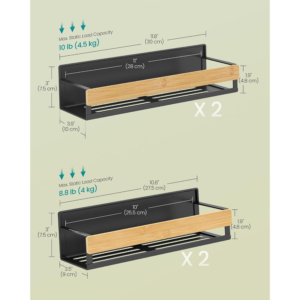 Songmics 4-Pack Strong Magnetic Real Bamboo Spice Racks For Fridge | Kitchen Magnetic Shelves For Washing Machine, Spice Organizers, No Drilling Needed, Ink Black Ukcs062Bh01