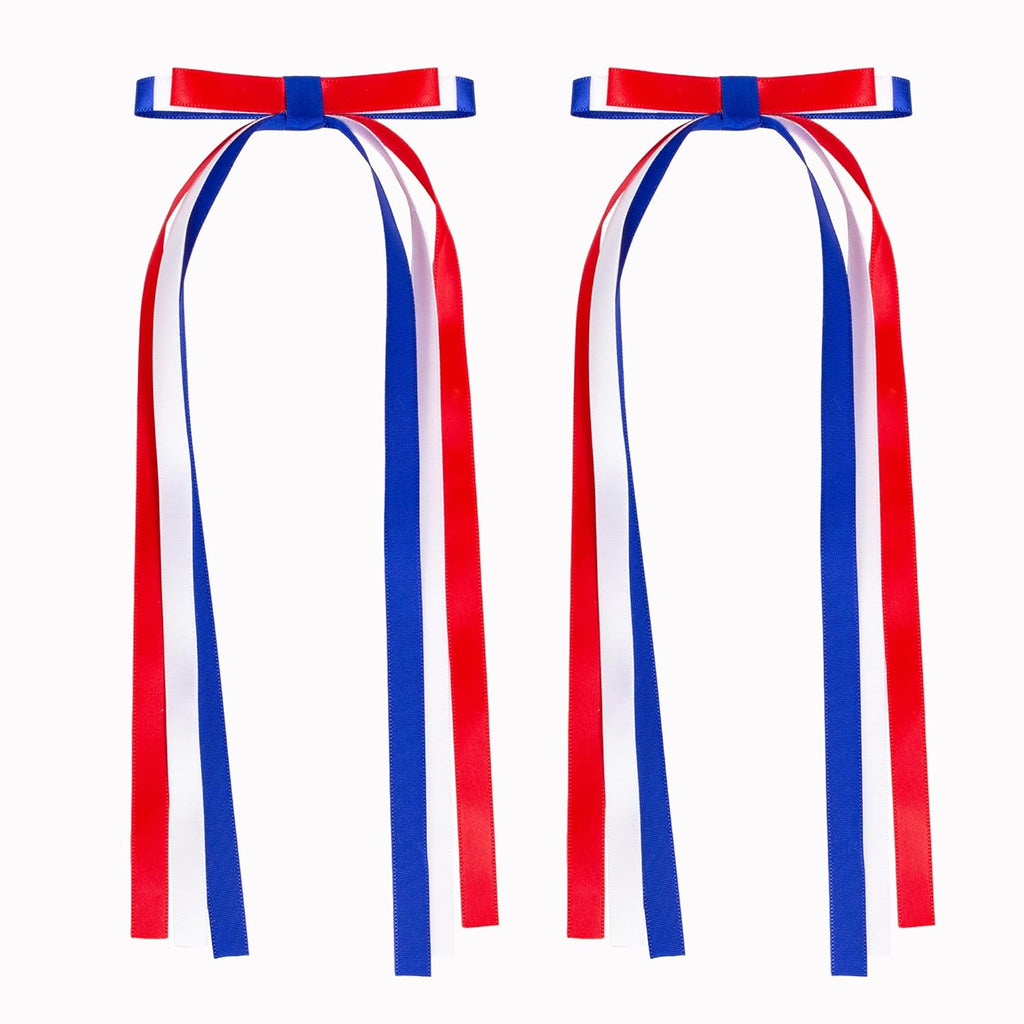4th of July Hair Bow Clips, 2 Pack Red White Blue Long Tail Ribbon Hair Bows, Patriotic Hair Accessories for 250th America Independence Day, Parade & Fireworks Party Supplies