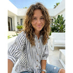 Dokotoo Cropped Button Down Striped Shirt 3/4 Length Sleeve Womens Tops Dressy Casual Blouses Babydoll Tops
