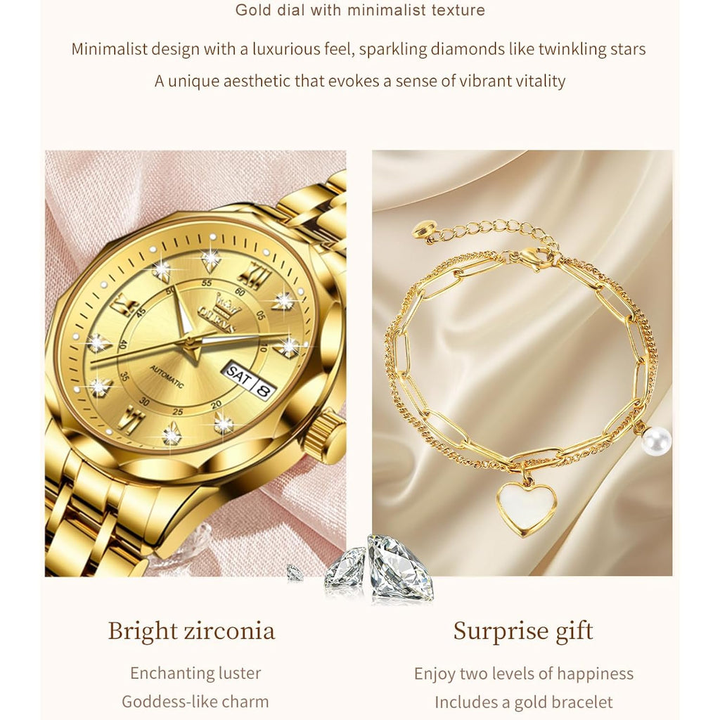 Olevs Womens Watches Casual Modern Diamond Automatic Mechanical Ladies Self Winding Dress Two Tone Wrist Watch Date Day