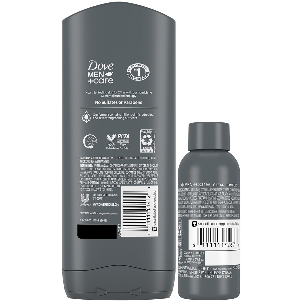 Dove Men+Care Body + Face Wash 2-Pack + Travel-Size Body Wash – Clean Comfort With 24Hr Nourishing Micromoisture, Lemon & Cedarwood Scent