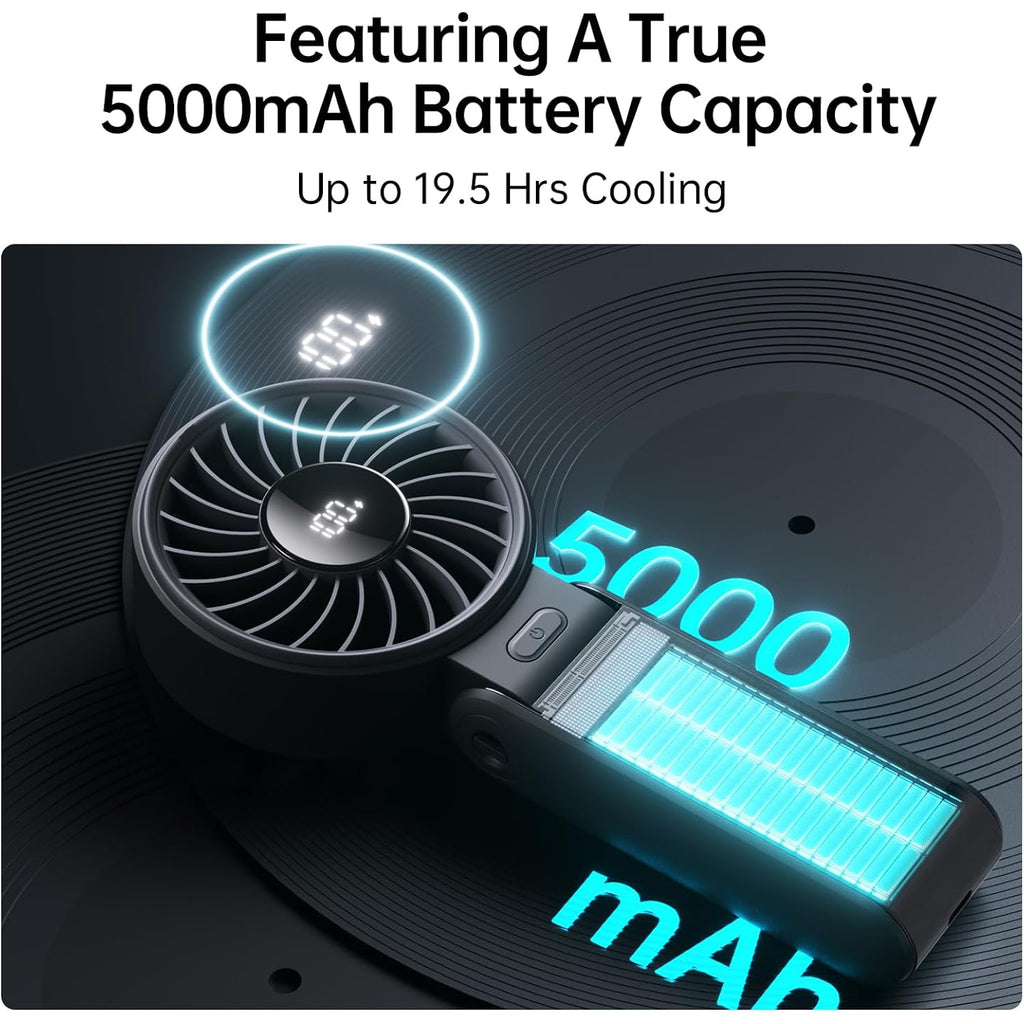 Jisulife Portable Handheld Fan Life7: 3-In-1 Hand, Desk & Neck Fan-Black | 19.5H Max Cooling, 5-Speed, Led Display, 5000Mah Rechargeable,Usb Foldable Fan For Travel/Concerts/Cruise/Sports Events/Gifts