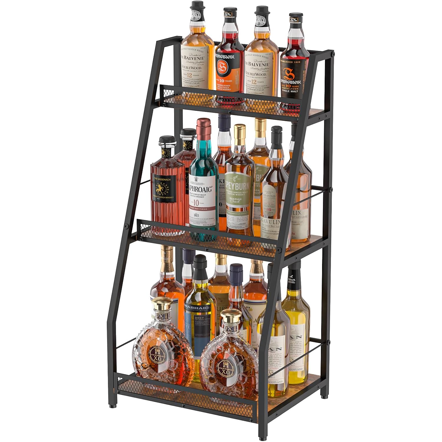 3-Tier Liquor Stand For Home Bar, Stepped Wine Rack Freestanding Floor For Liquor Whiskey Wine, Versatile Corner Wine Bottle Display Stand With Fences, Vintage Brown, Safe Height For Kids & Pets