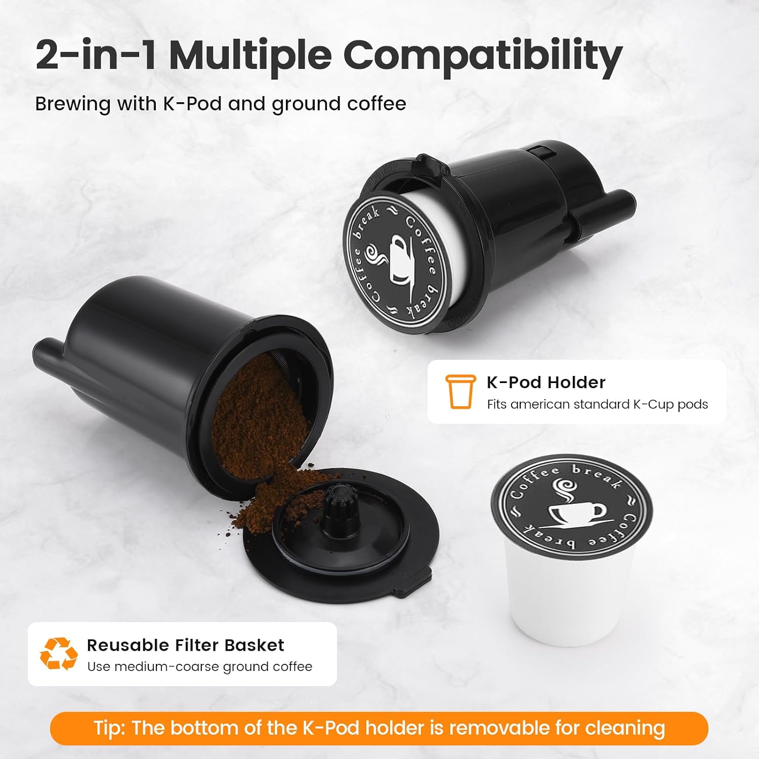 Horavie Single Serve Coffee Maker For K-Cup Pod And Grounds, Hot & Iced Coffee Maker, Strong Button Feature, 6 To 14Oz Brew Sizes, 50Oz Removable Reservoir, Fit 6.5" Mugs, Stainless Steel, Black