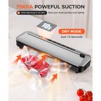 Vacuum Sealer Machine 75KPa Food with 6-in-1 Dry/Moist Modes & Digital Timer, Compact Lightweight Design, Built-in Cutter + 10 Bags (Black Silver)